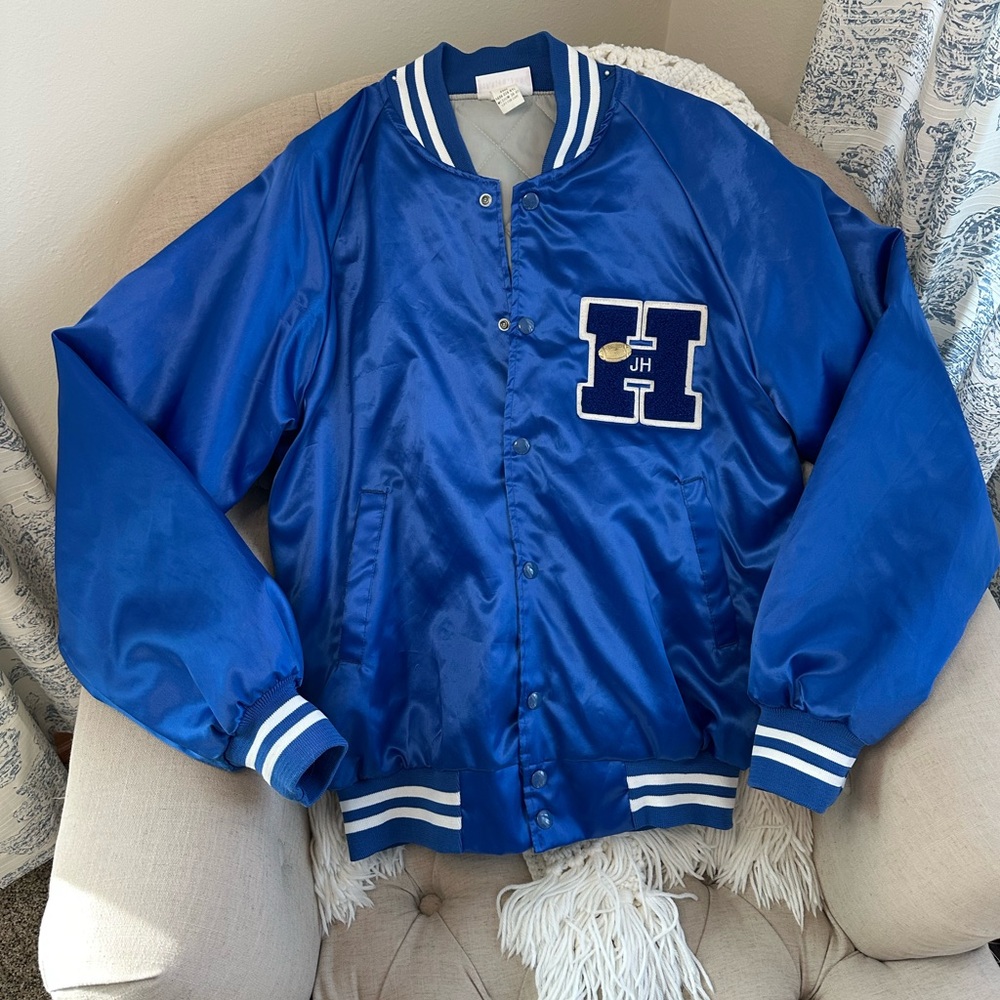 Vintage 80s Hartwell blue satin letterman’s jacket, Southeastern, men’s med